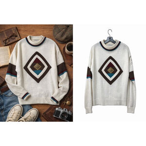 Koman Vintage Cream Geometric Knit Sweater Modern Classic Pullover Made in Korea
